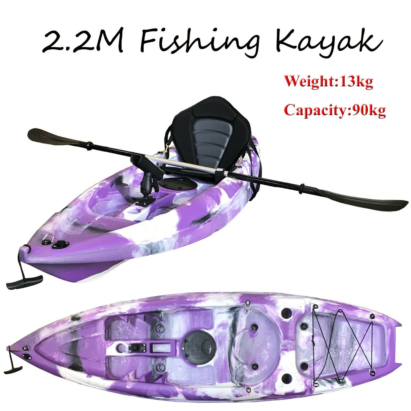 2.2M Kids Teens Junior Fishing Kayak Single Rod Holder Seat Paddle Purple  Camo