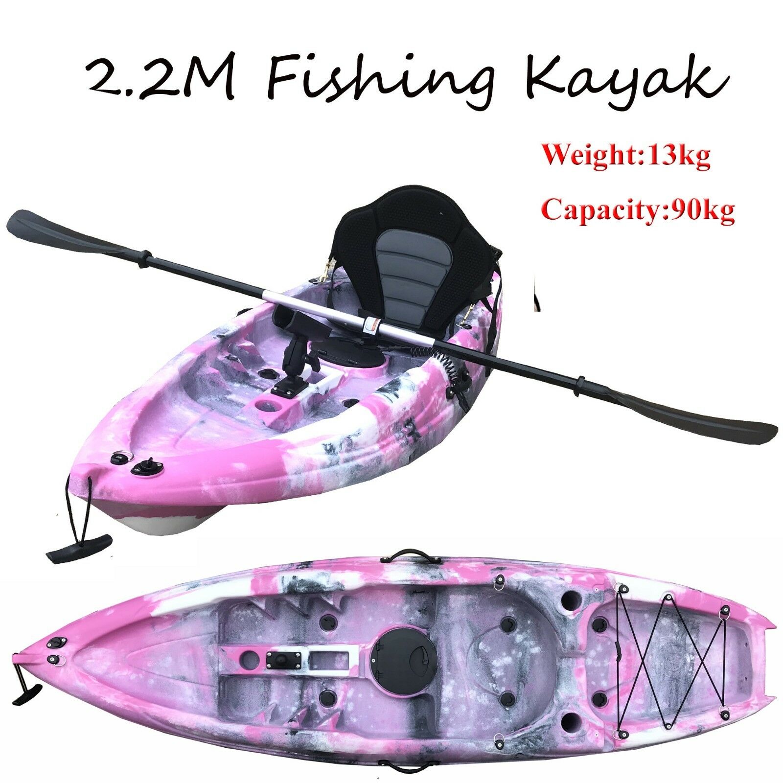 2.2M Kids Teens Junior Fishing Kayak Single Rod Holder Seat Paddle Pink  Camo