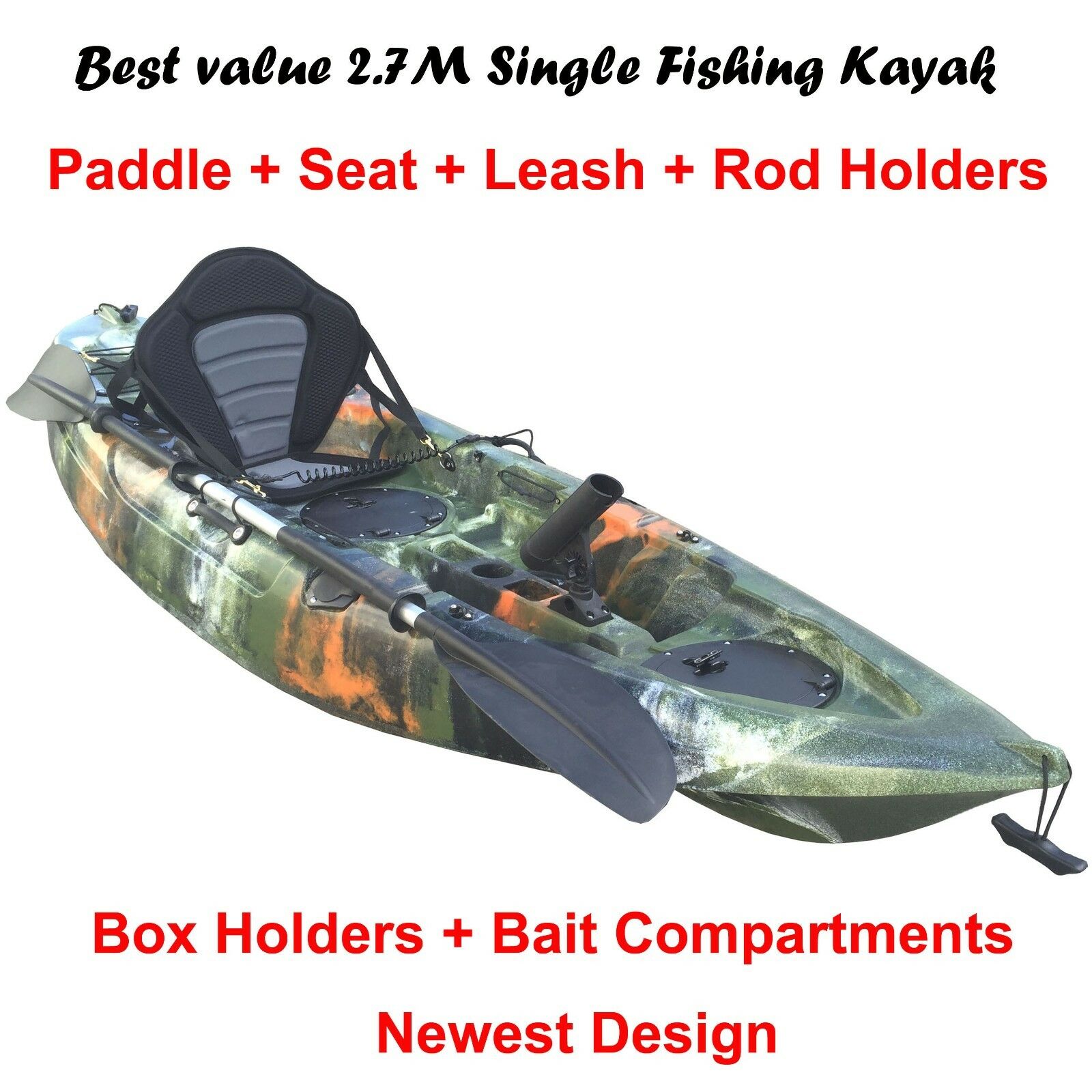 2.7M Fishing Kayak Single Sit-on 5 Rod Holders Padded Seat Paddle Jungle  Camo