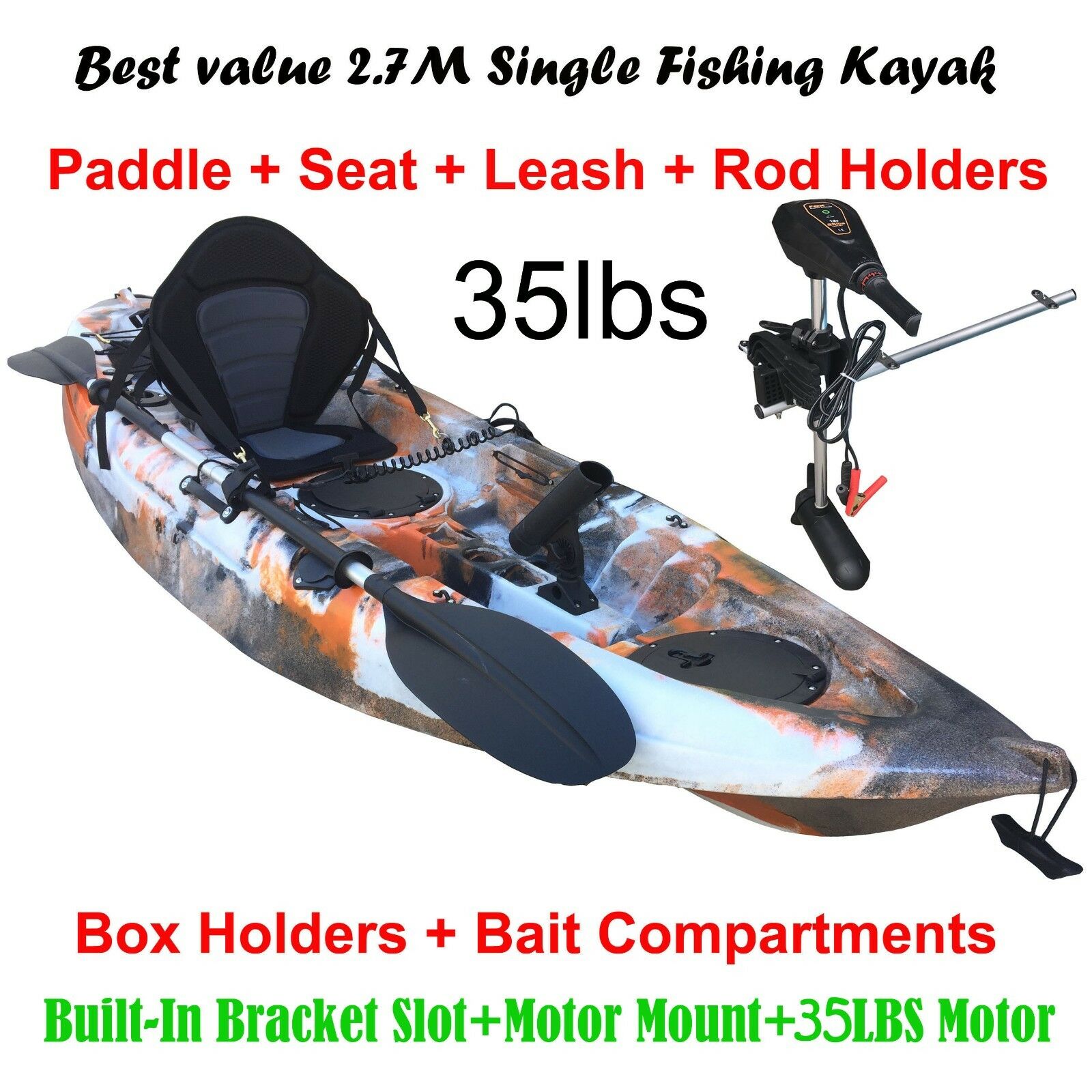 2.7M Fishing Kayak 5 Rod Holders Seat Paddle 35lbs Motor Bracket Orange  Camo