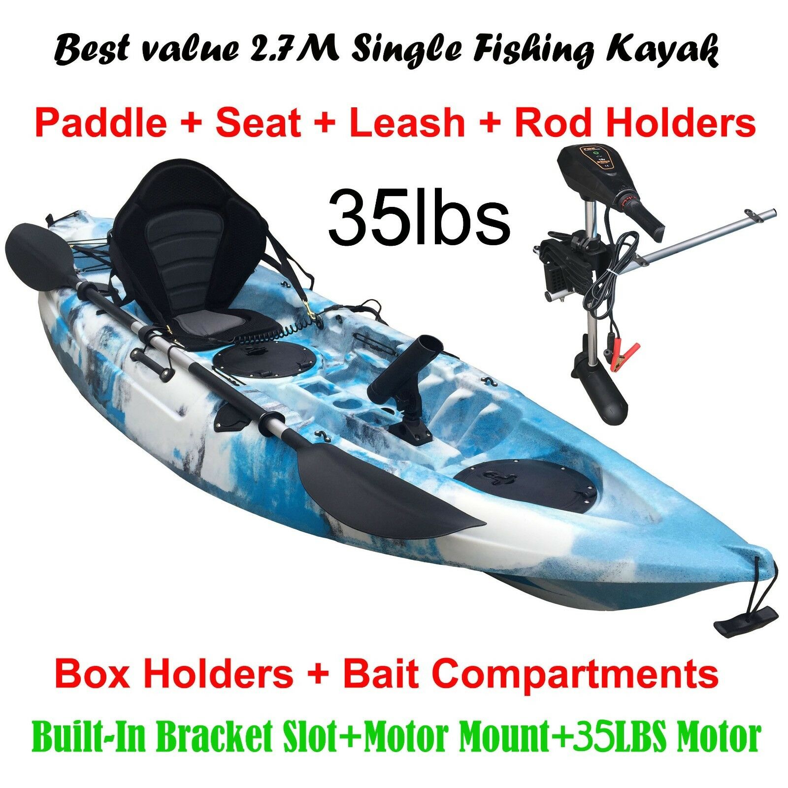 2.7M Fishing Kayak 5 Rod Holders Seat Paddle 35lbs Motor Bracket Aqua Blue